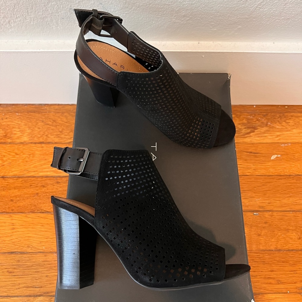 Tahari Margaret black suede sling back booties with peep toe BRAND NEW